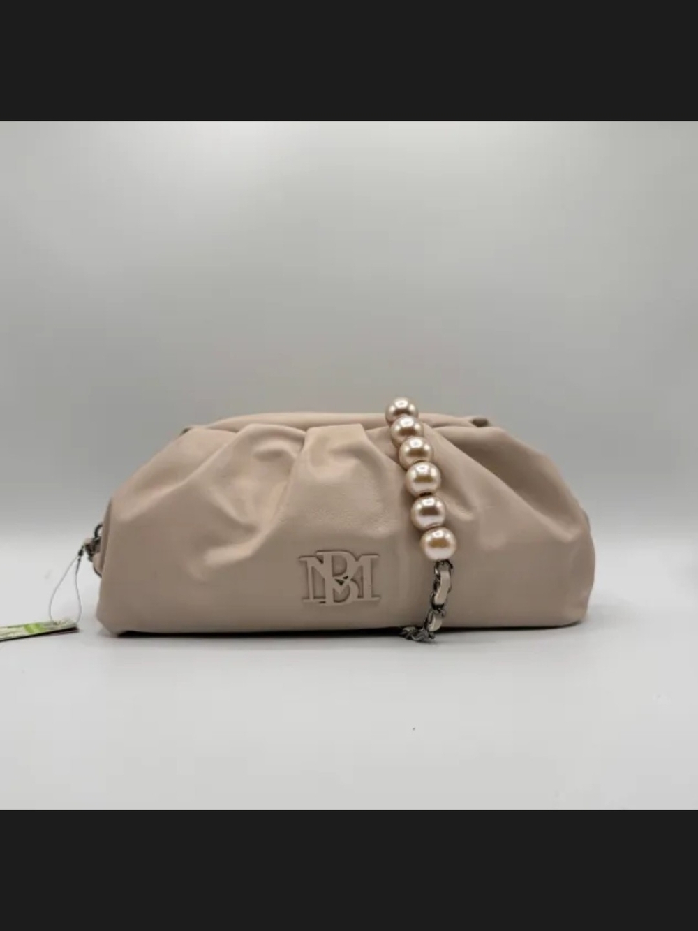 Badgley Mischka Vegan Leather Cream Pearl-Handle Shoulder Clutch